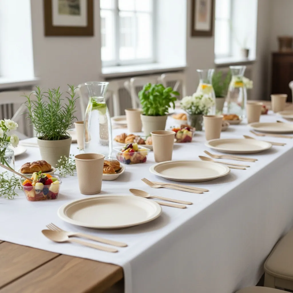 Catering hizmetlerinde kullanılan tek kullanımlık ürünler masada.