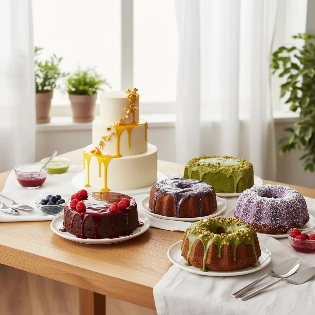 Farklı topping sos çeşitleri ile süslenmiş pastalar.