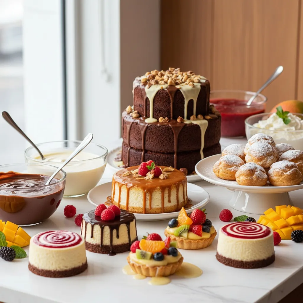 Topping sosları ile süslenmiş lezzetli pastalar